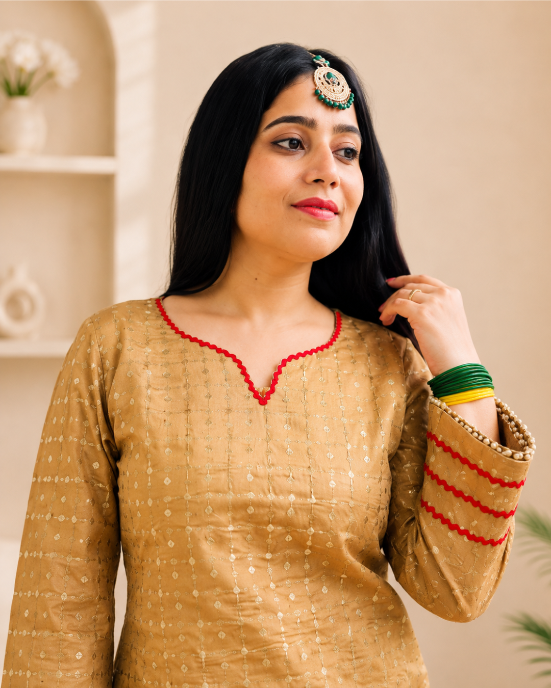 SUNDARI Golden Glow Red Farshi salwar Suit Set