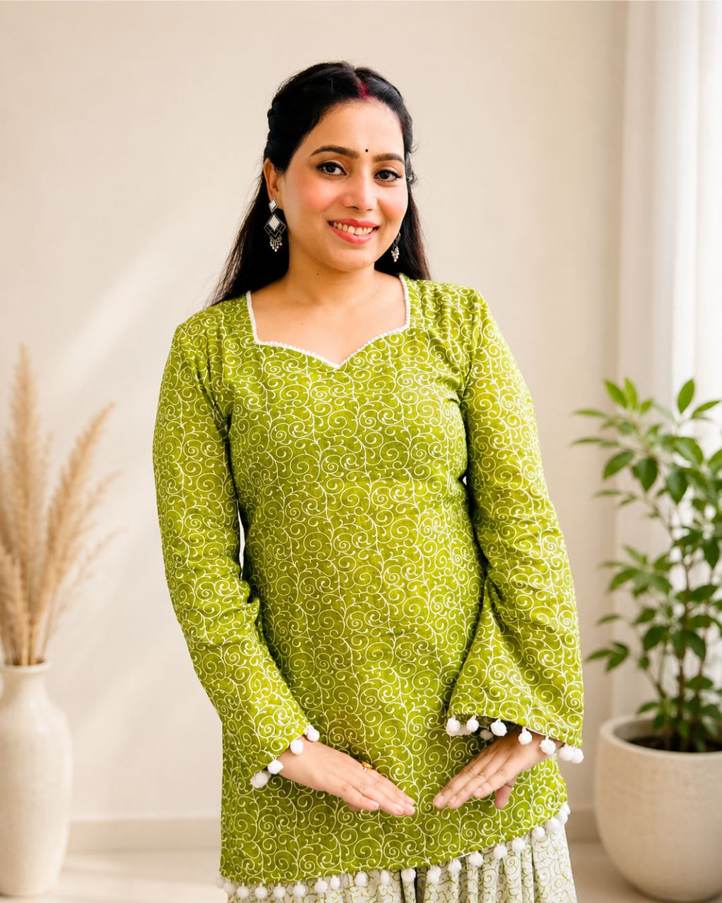 SUMAN Women’s Green Printed Short Kurti Farshi  with Pom-Pom Lace & Back Corset Design