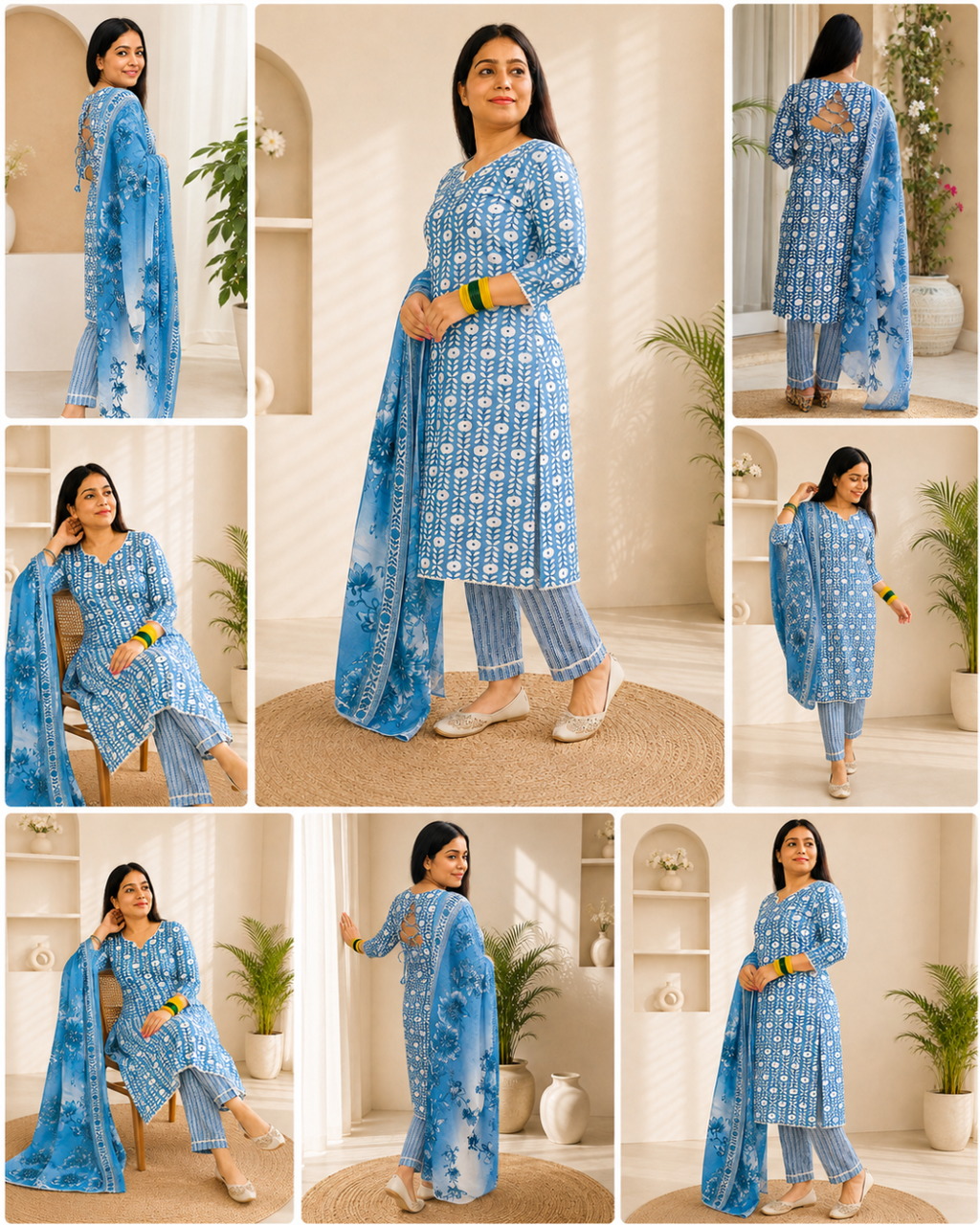 KASHI  Sky Blue Floral Vine Printed Kurta Pant Dupatta Set