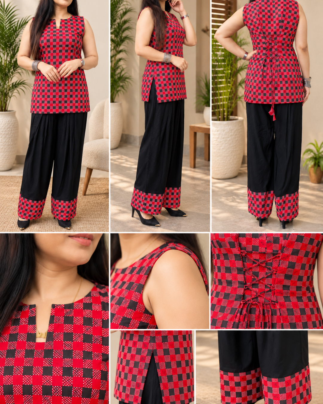 NOOR  Red Black Checkered Corset Back Farshi Salwar Set