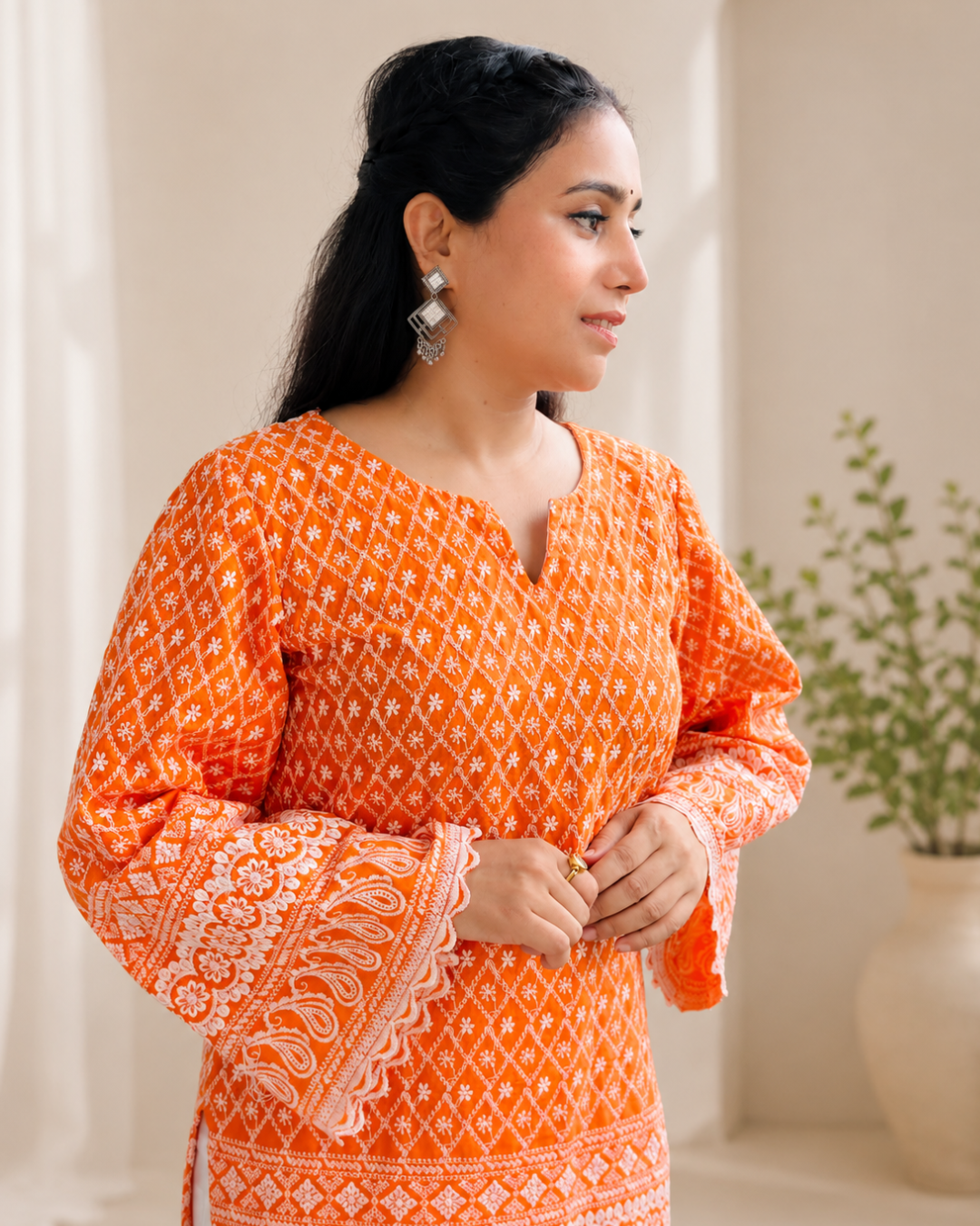 MEENA Orange  Short Kurti With White Farshi Salwar Set