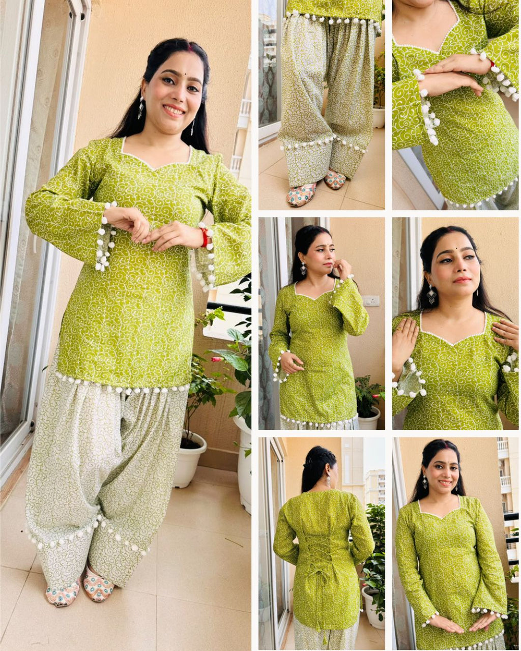 SUMAN Women’s Green Printed Short Kurti Farshi  with Pom-Pom Lace & Back Corset Design