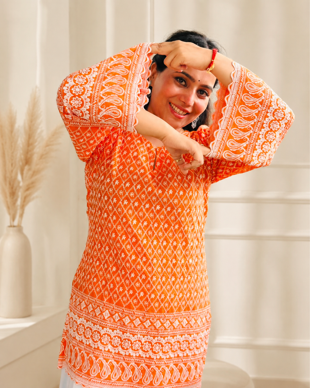 MEENA Orange  Short Kurti With White Farshi Salwar Set
