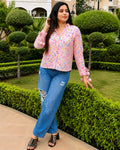 SUDIKSHA Pink Floral Printed  Tie-Up Sleeve Casual Shirt