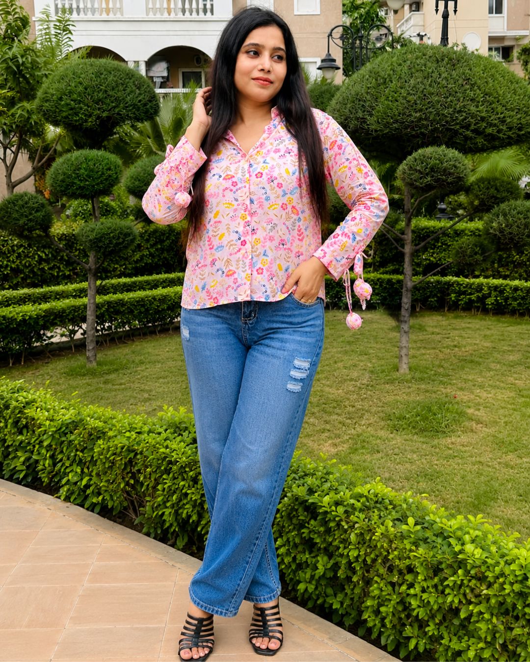 SUDIKSHA Pink Floral Printed  Tie-Up Sleeve Casual Shirt